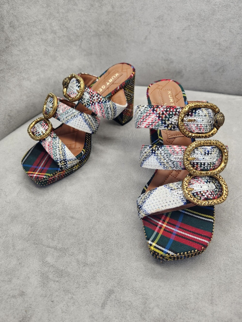 Kurt Geiger Heeled Mules 10 Plaid Mayfair Buckle Chunky Platform Sandal New $245 - Picture 11 of 16